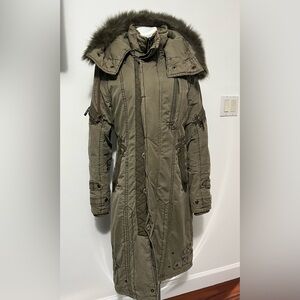 Jietlag Heart Peace and Love Green Olive Long Puffer Jacket Real Fur Zip Size M